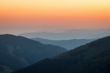 Sunset at mountain range. Jeseniky mountains in Czech Republic. Beautiful nature landscape