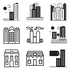 City Buildings Flat Icon Set Isolated