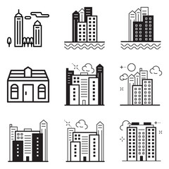 City Buildings Flat Icon Set Isolated