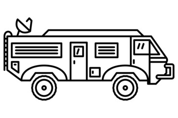 Motorhome with a satellite dish on the roof. Recreational vehicle, outdoor travel, extreme lifestyle. Vector icon, outline, isolated