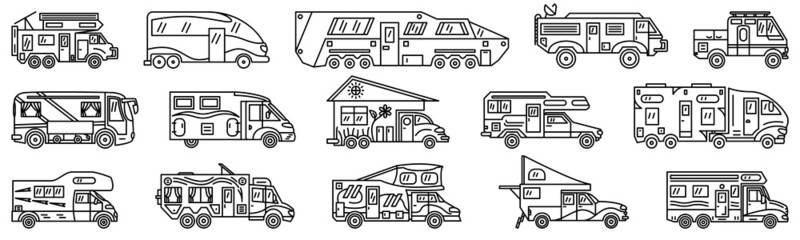A recreational vehicle, a car and a trailer for traveling, a family trailer. Set of vector icons, outline, isolated