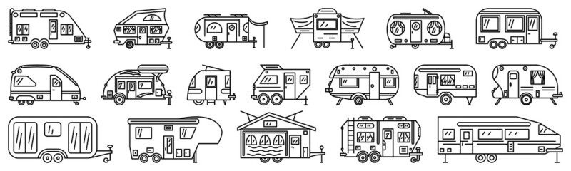 A family trailer for travel, vehicle recreation, mobile home, motor home. Set of vector icons, outline, isolated - obrazy, fototapety, plakaty