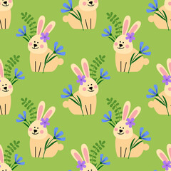 Cute hare on a green background. Seamless pattern. Vector illustration.