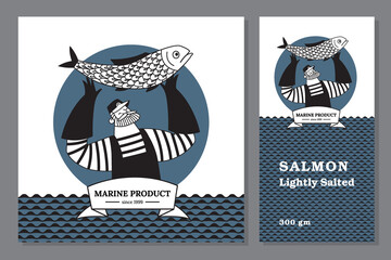 Logo, trademark, corporate identity of fish products. A sailor with a fish on the background of sea waves. Vector illustration.