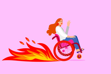 woman in wheelchair with flames waving