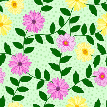 pink daisy and yellow wild flower seamless pattern. floral garden with green leaves and polka dots background. Good for fabric, dress, fashion, wallpaper, wrapping, etc.