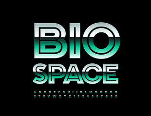 Fototapeta premium Vector eco concept Bio Space. Shiny chrome Font. Set of Green metallic Alphabet Letters and Numbers