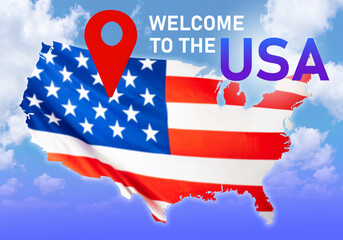 Welcome to USA. Invitation to travel to America. USA map in colors of national flag. USA logo on blue sky background. Tourism in cities of America. United States of America travel banner