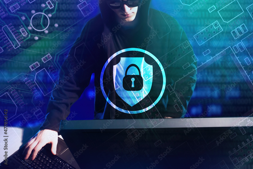 Poster hacker breaks security. guy makes hacker attack. guy with computer in sunglasses. he tries to bypass