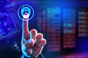 Cyber security on network. Hand presses padlock icon. Internet technologies for data protection. Business IT infrastructure protection concept. Network protection. Multicolored server binary