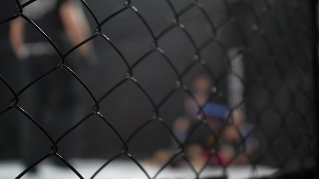 Metal octagon mesh against the background of which fighters fight in a mixed style. Fighters behind the octagon net. Battle Octagon grid.
