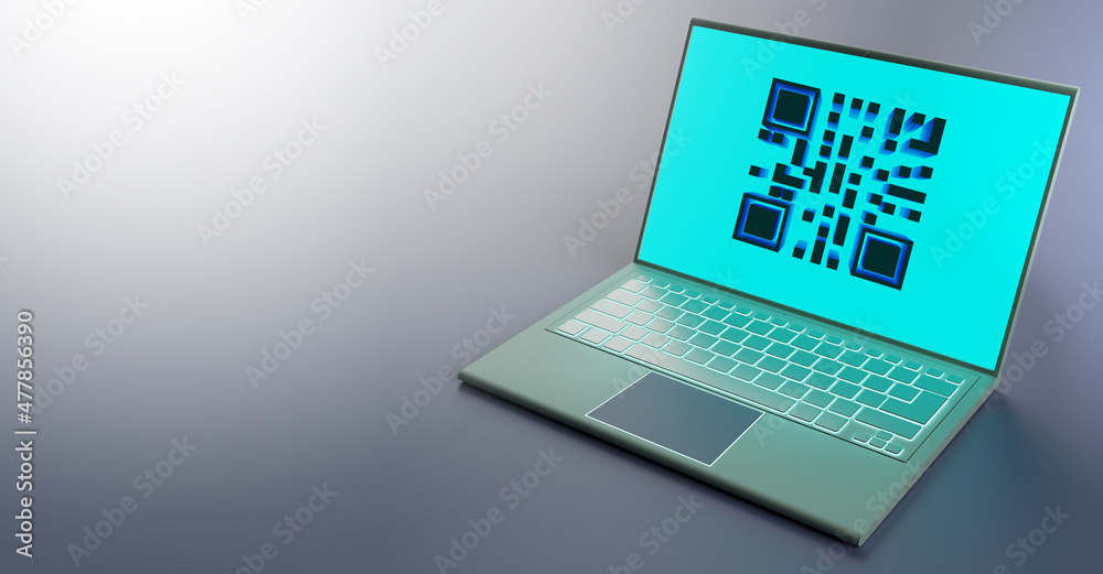 Poster qr in laptop. three-dimensional laptop with label on screen. matrix label for device identification.