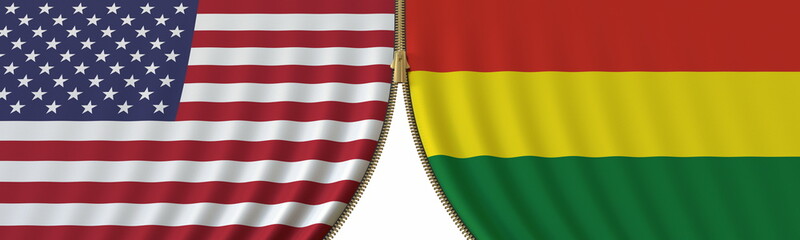 United States and Bolivia cooperation or conflict, flags and closing or opening zipper between them. Conceptual 3D rendering