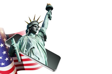 Statue of Liberty New York. American flag. Liberty Enlightening World USA monument. Monument to...