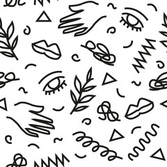 Mid century abstract monochrome scribble shapes seamless repeating patterns on white background