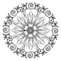 Mehndi flower for henna, mehndi, tattoo, decoration. Decorative ornament in ethnic oriental style, doodle ornament, outline hand draw. Coloring book page.