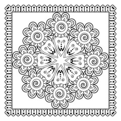 Mehndi flower for henna, mehndi, tattoo, decoration. Decorative ornament in ethnic oriental style, doodle ornament, outline hand draw. Coloring book page.