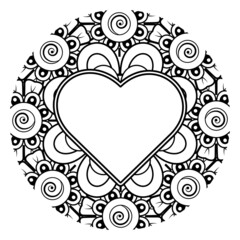 Mehndi flower with frame in shape of heart. decoration in ethnic oriental, doodle ornament.