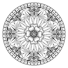 Mehndi flower for henna, mehndi, tattoo, decoration. Decorative ornament in ethnic oriental style, doodle ornament, outline hand draw. Coloring book page.