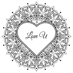 Mehndi flower with frame in shape of heart. decoration in ethnic oriental, doodle ornament.