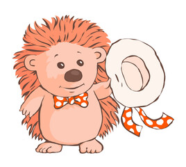 Little cute hedgehog with a hat in his hand. Waving goodbye or greeting. A fairy tale about friendship. Character for a postcard. Cartoon illustration hand drawn