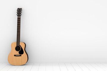 Fototapeta na wymiar wood acoustic guitar in empty white room in 3D rendering