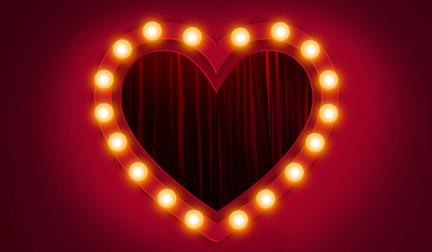 Heart shape and light bulb, Broadway theatre, Red curtain in the background.