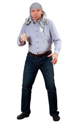 Fototapeta premium Emotions. An angry, irritated man threatens with his fist with an expression of aggression on his face. Full length portrait of furious person. Isolation on a white background