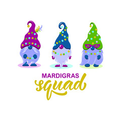 Mardi Gras Gnomes vector set. Mardigras squad handwritten text. Cute elf isolated on white background. Cartoon characters. Flat design for holidays decoration, greeting cards, gift tags, t-shirt print