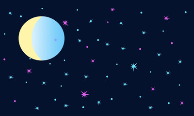 Fototapeta na wymiar Blue background with bright stars, moon and planets. Abstract banner, template. Vector illustration