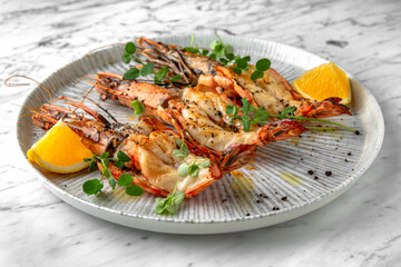Grilled king prawns in a festive plate on a marble background. Restaurant banquet menu.