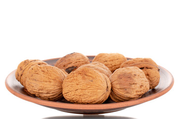 Several ripe delicious walnuts on a clay plate, close-up, isolated on white.