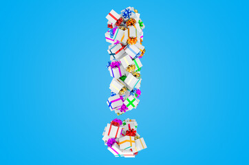 Exclamation sign from gift boxes, 3D rendering