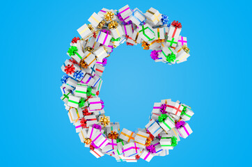 Letter C from gift boxes, 3D rendering