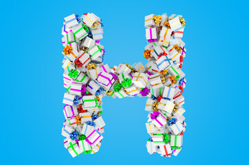 Letter H from gift boxes, 3D rendering