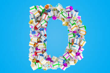 Letter D from gift boxes, 3D rendering