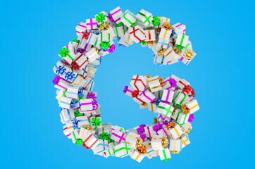 Letter G from gift boxes, 3D rendering