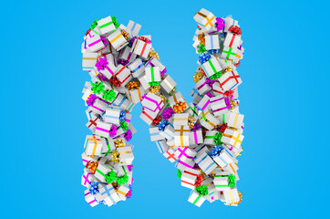 Letter N from gift boxes, 3D rendering