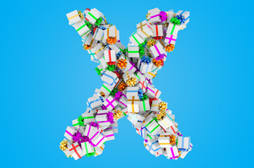 Letter X from gift boxes, 3D rendering