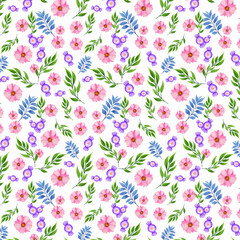 Valentine's day Watercolor cute floral pattern with pink roses and hearts on white background. Beautiful botanical print