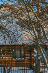winter landscape. A wooden house covered with snow behind a fence, next to trees.