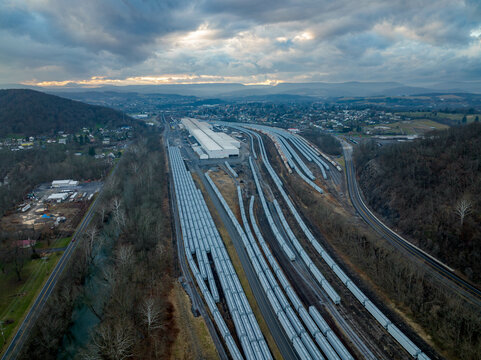 Aerial View Of Rail Cars Waiting In Rail Yard