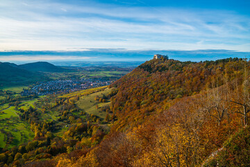 Germany, Hohenneufen castle ruins swabian alb on top of a mountain at neuffen in autumn at sunset