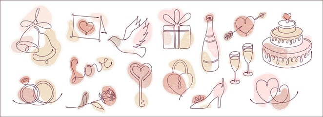 Set of one line drawing of romantic elements. Bells wedding rings invitation rose dove love key gift padlock bottle wedding shoe cake heart wine glass heart with arrow color stains. Line art style