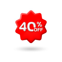 40 percent price off icon or label. 3d sale or discount badge or price tag for promo design. Vector illustration.