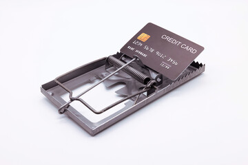 Black credit card placed on a mousetrap, Financial trap, Indebtedness, Financial problems.