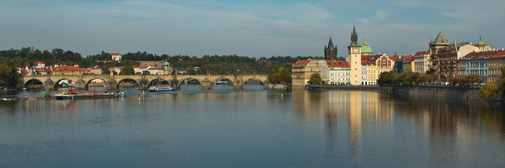 View of architecture near Charles Bridge from a boat on the river Vltava
