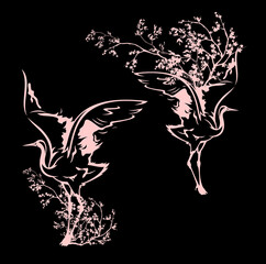 japanese crane dancing among sakura blossom branches - elegant asian bird spring season vector silhouette design set