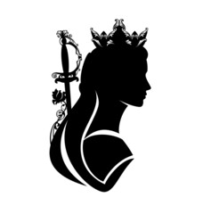 fairy tale queen or princess warrior with rose flower, elegant sword and medieval style long hair black and white vector silhouette portrait