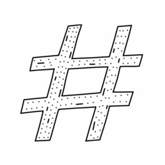 Hand drawn hashtag icon in doodle style. Cartoon hashtag vector icon for web design isolated on white background.